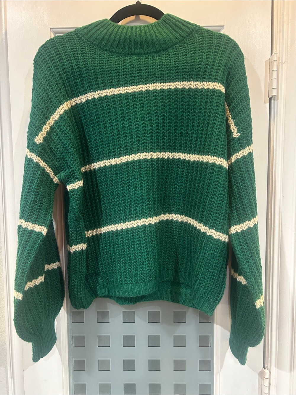 Zenana Outfitters Green Cowl Neck Sweater with Cream Stripes